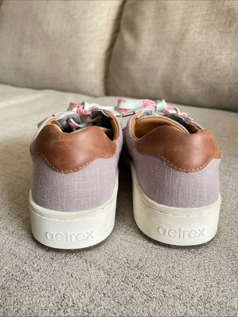Aetrex Women's Taupe/Grey Canvas Sneakers with Cherry Blossom design laces - Picture 2 of 4